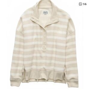 AE Big Hug Henley Sweatshirt American Eagle Beige Stripes NWT